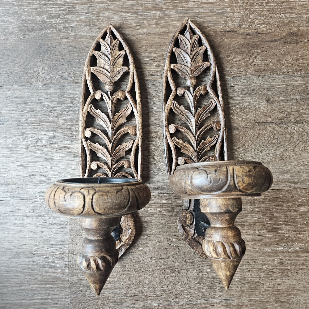 Vintage Set of 2 Ornate Filigree Wall Sconces Carved Wood Candle Holders